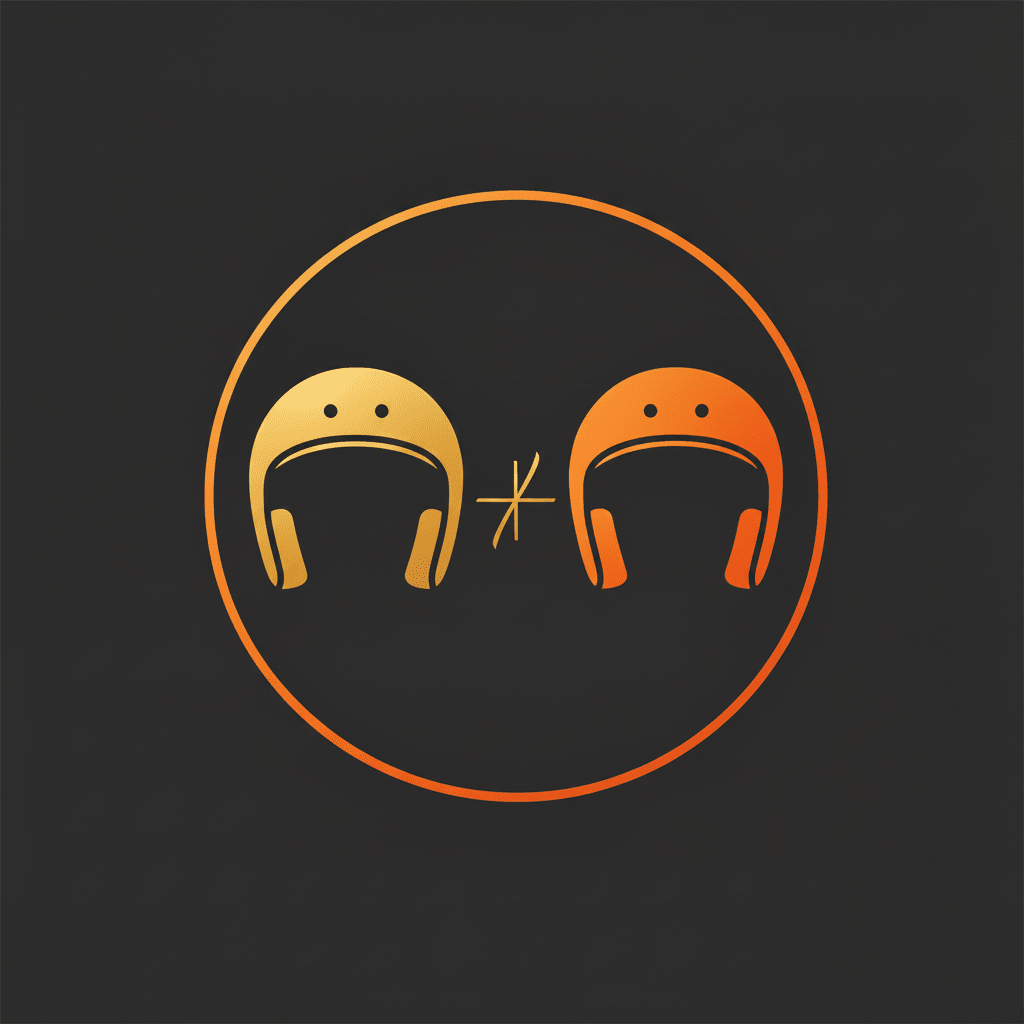 Two cartoon helmets with a line between them on a black background
